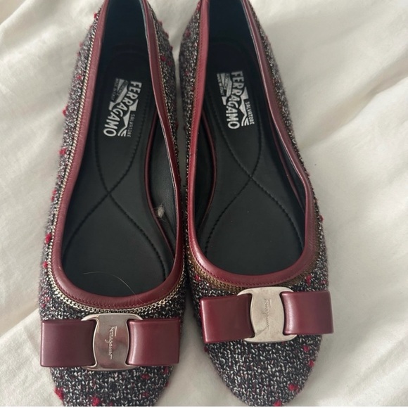 Salvatore Ferragamo Shoes - Salvatore Ferragamo Burgundy Tweed Varina Bow Ballet Flats
